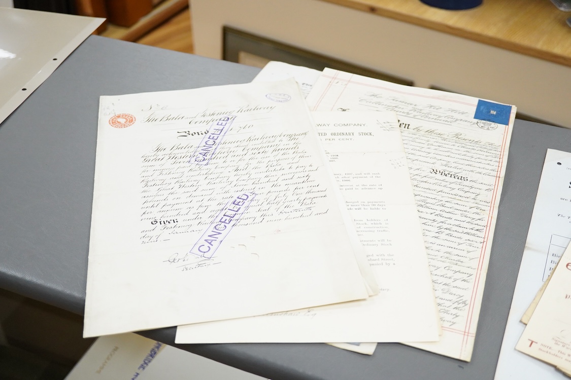 Railway related documents including; a GWR season ticket flyer dated 1854, a Southern Railway instruction booklet for drivers, firemen and guards, share certificates, 1940s and 50s temporary timetables, a Festiniog Railw